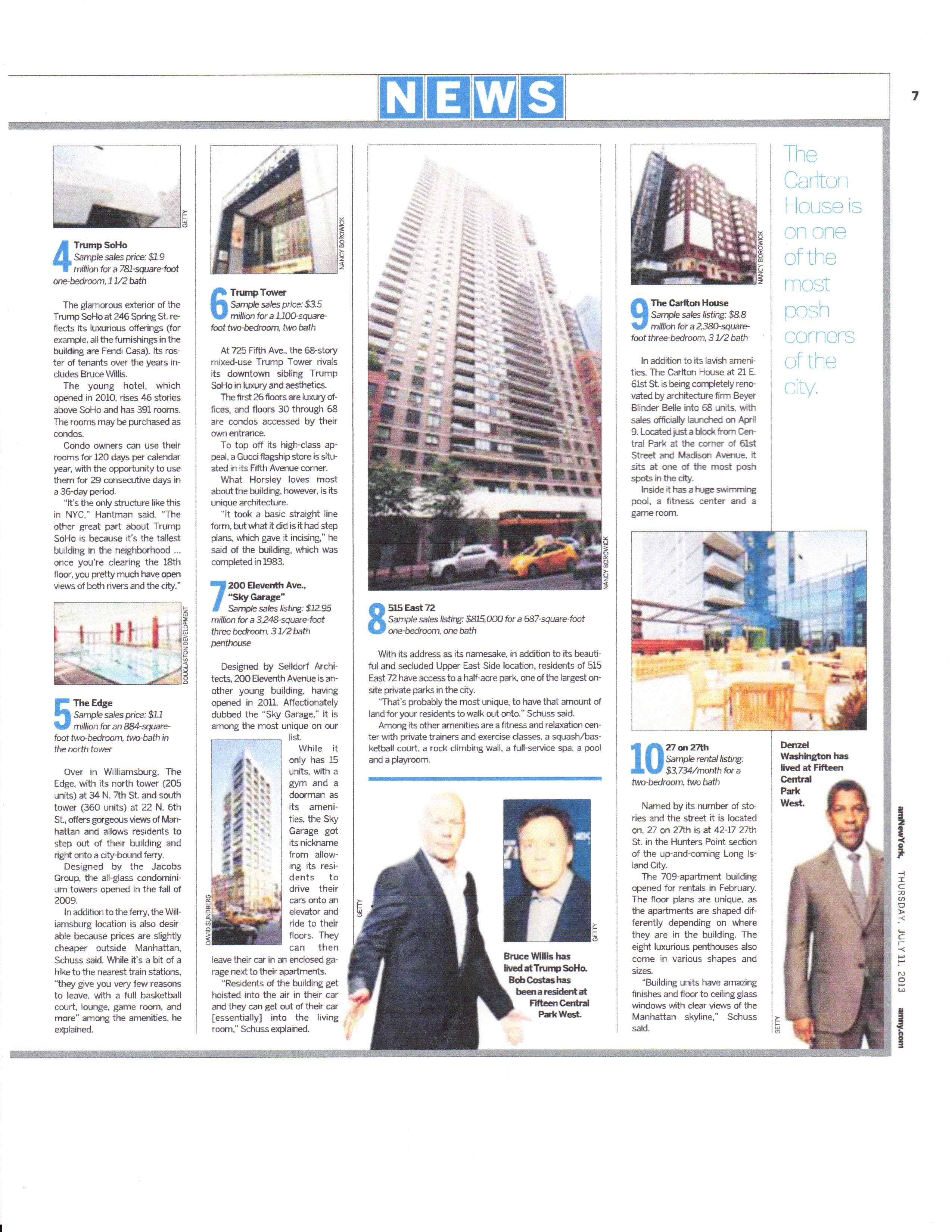 Our project, 27 on 27th was recognized in AM New York as Top Ten " New York City's Glitzy Digs" in their July 2013 article.